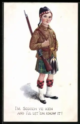 Künstler-AK I`m Scotch Ye Ken, Junge in schottischer Uniform mit Schottenrock und Gewehr