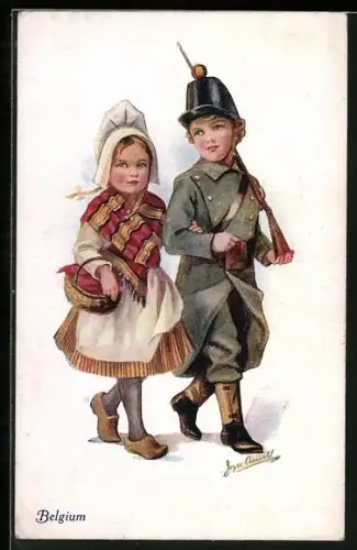 AK Kinderpaar, Mädchen in Tracht und Junge in Uniform, belgische Kinder Kriegspropaganda