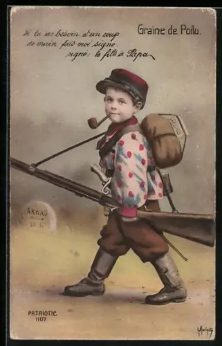 AK Graine de Poilu, Kleiner Junge mit Pfeife und Gewehr, Kinder Kriegspropaganda