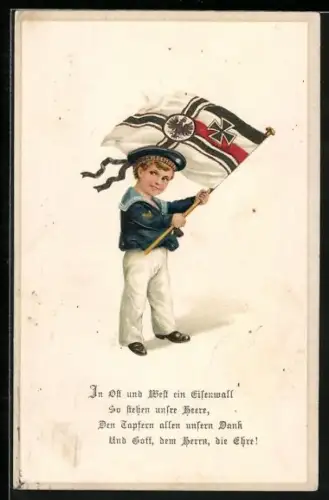 AK Kleiner Junge in Matrosenuniform schwingt Reichskriegsflagge, In Ost und West ein Eisenwall