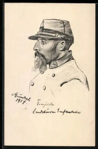 Künstler-AK sign. E. Günkel: Portraitzeichnung eines Kriegsgefangenen der franz. Infanterie