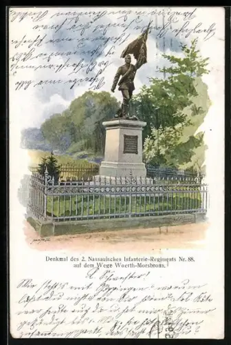 Künstler-AK Denkmal des 2. Nassauischen Infanterie-Regiments Nr. 88 auf dem Wege Woerth-Morsbronn