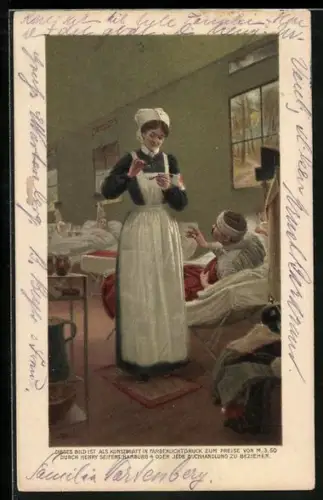 Künstler-AK Rot Kreuz-Schwester dosiert Medizin auf Löffel für Kriegsversehrten