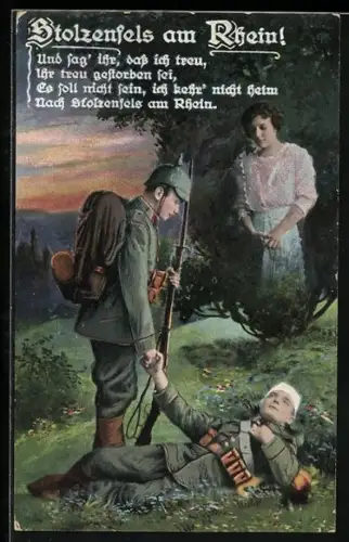 AK Stolzenfels am Rhein, Sterbender Soldat mit Kopfverletzung teilt letzte Worte an Geliebte, Rotes Kreuz