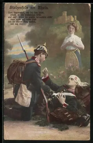 AK Soldat bei einem verwundeten Kameraden, Spruch, Rotes Kreuz