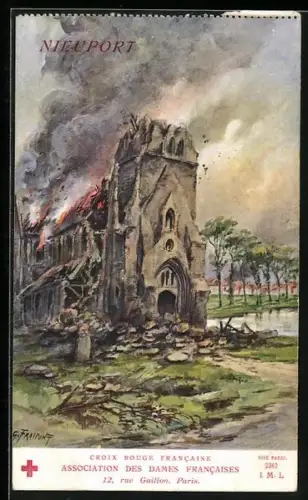 Künstler-AK Nieuport, Brenndende Kirche mit eingestürzem Dach, Rotes Kreuz