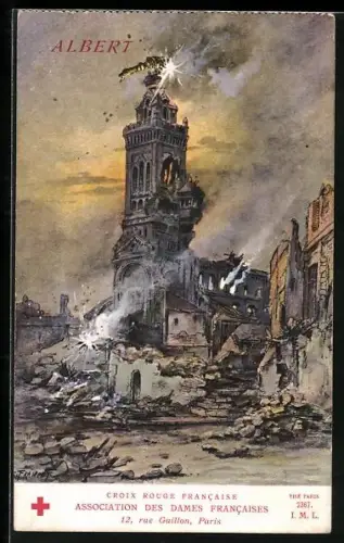 Künstler-AK Albert, Beschossene Kirche inmitten Ruinen, Rotes Kreuz