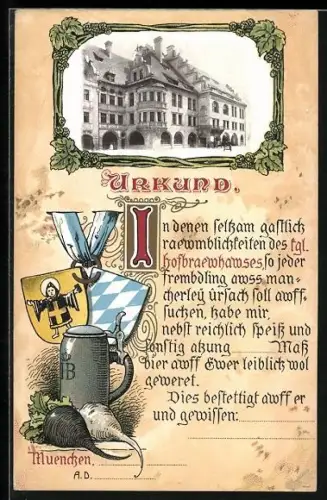 Künstler-AK Urkund - Münchner Hofbräuhaus im Hopfenrahnmen, Bierkrug, Wappen, Radi