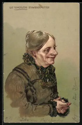 Künstler-Präge-AK L'Aimable Belle-Mére, betagte Dame im Portrait