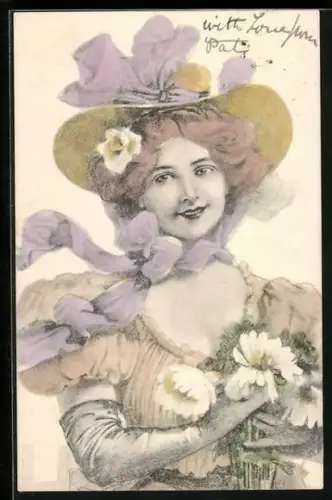 AK Dame mit Hut im Jugendstil