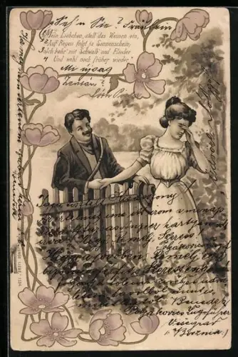 AK Liebespaar an einem Zaun, Blumen