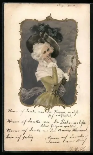 AK Junge Frau mit Hut und Stock, Jugendstil