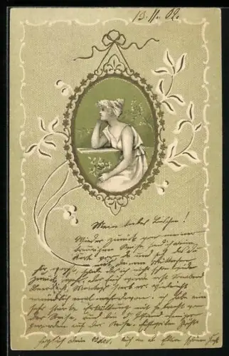 AK Junge nachdenkliche Frau im Jugendstil