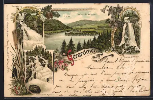 Lithographie Gérardmer, Le Lac, Cascade du Rudlin et Cascade de Mérelle