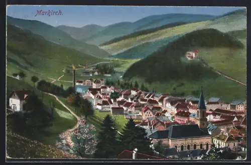 AK Markirch, Vue du village avec église et collines environnantes