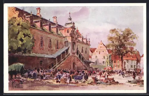 Künstler-AK Soultz, Scène animée sur la place du marché devant l`ancien bâtiment historique