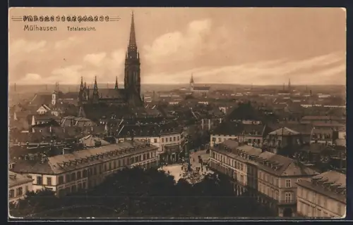 AK Mulhouse, Vue d`ensemble avec église au centre de la ville