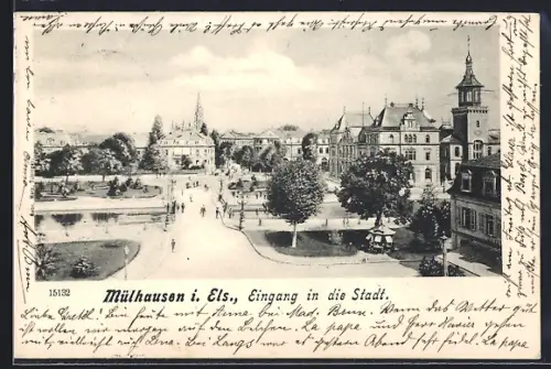 AK Mulhouse, Entrée de la ville avec perspective sur les bâtiments et jardins