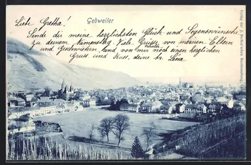 AK Guebwiller, Vue panoramique sur la ville avec collines en arrière-plan