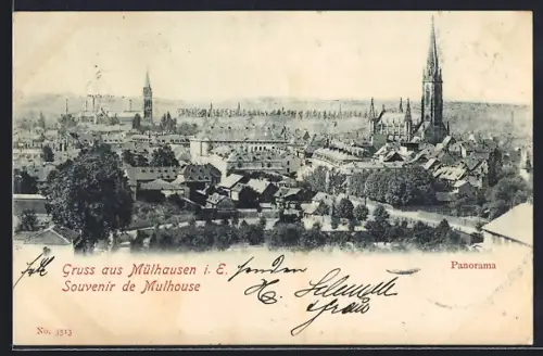 AK Mulhouse, Panorama de la ville avec églises et bâtiments historiques