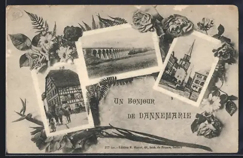 AK Dannemarie, Un bonjour de Dannemarie avec vues du viaduc, église et maison à colombages