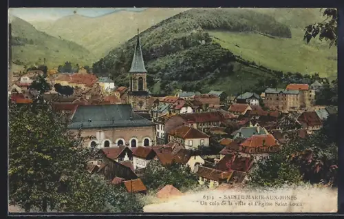 AK Sainte-Marie-aux-Mines, Un coin de la ville et l`Église Saint-Louis