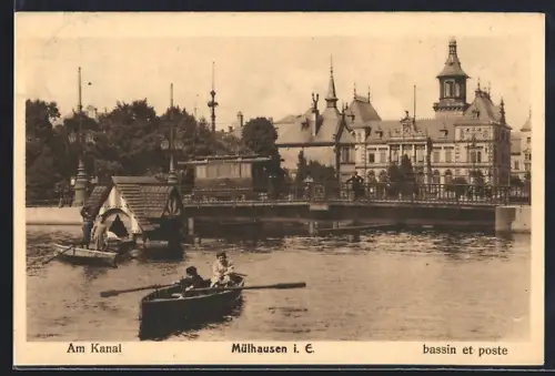 AK Mülhausen i. E., Bassin et poste avec barque sur le canal