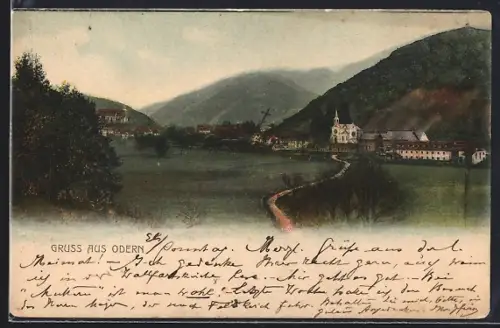 AK Odern, Vue du village avec église et collines environnantes