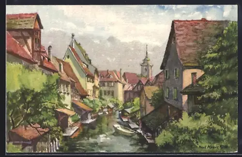 Künstler-AK Colmar /Alsace, La Petite Venise avec ses maisons à colombages et son canal pittoresque