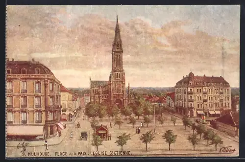 Künstler-AK Mulhouse, Place de la Paix, Église St-Étienne