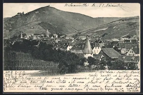 AK Ribeauvillé, Vue du village avec collines et château en arrière-plan