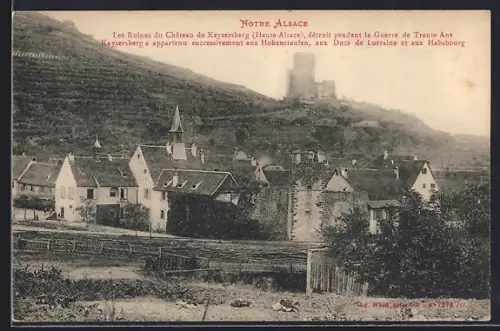 AK Kaysersberg, Ruines du Château de Kaysersberg et village en arrière-plan