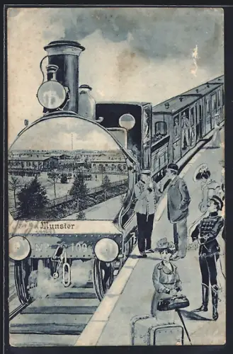 AK Munster, Train en gare avec voyageurs sur le quai