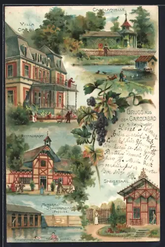 Lithographie Rappoltsweiler, Vue de la Villa Carola, Carolaquelle, Restaurant et Piscine Minérale
