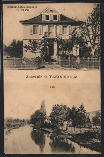 AK Tagolsheim, Épicerie-Boulangerie E. Bach et vue de l`Ill