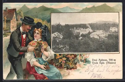 Lithographie Trois-Épis, Couple en costume traditionnel devant vue du village alsacien