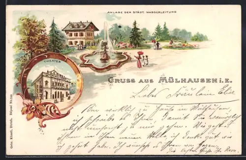 Lithographie Mülhausen i.E., Anlage der städt. Wasserleitung mit Theateransicht und Gartenimpressionen