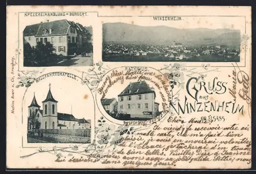 AK Winzenheim, Spezereihandlung Burgert, Wallfahrtskapelle und Rathaus