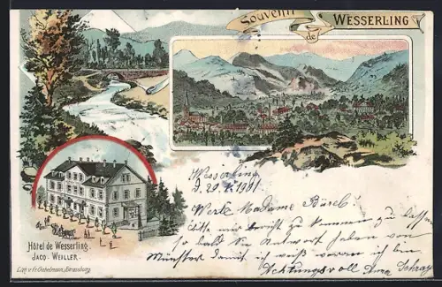 Lithographie Wesserling, Hôtel de Wesserling, Jacq. Weiller propr.