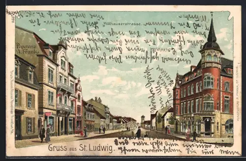 Lithographie St. Ludwig, Mülhauserstrasse mit Papeterie A. Frank