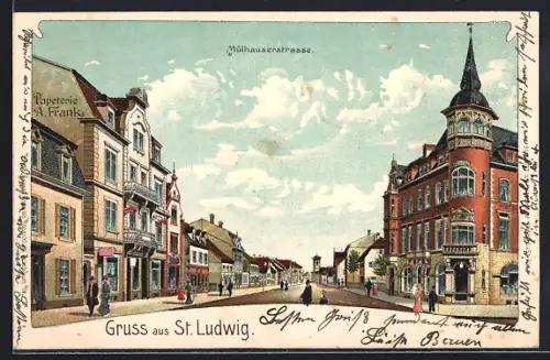 AK St. Ludwig, Papeterie A. Frank in der Mülhauserstrasse