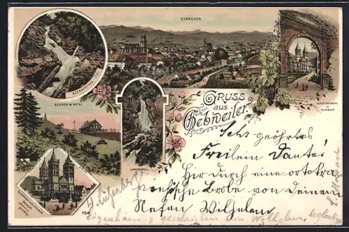 Lithographie Gebweiler, Belchen mit Hotel, Seebachfall, Lauchenfall und Klosterkirche