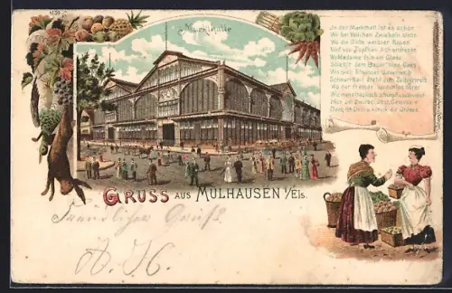 Lithographie Mulhouse /Alsace, La halle du marché animée avec des vendeurs et passants