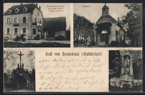 AK Brunstatt, Restaurant zum goldenen Kreuz, Bes. Eugen Fischer, Kapelle