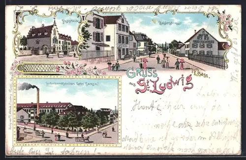 AK St. Ludwig i. Elsass, Seidenbandfabriken Gebr. Saragin, Baslerstrasse und Postgebäude
