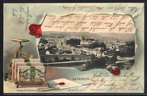 AK Altkirch, Vue pittoresque du village avec décoration florale et balance antique