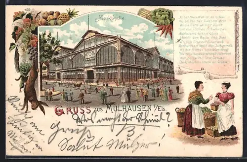 Lithographie Mülhausen i. Els., Vue de la halle du marché animée avec des passants et des vendeurs