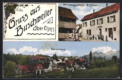 AK Buschweiler /Ober-Elsass, Konsumgeschäft A. Schorr und Panorama