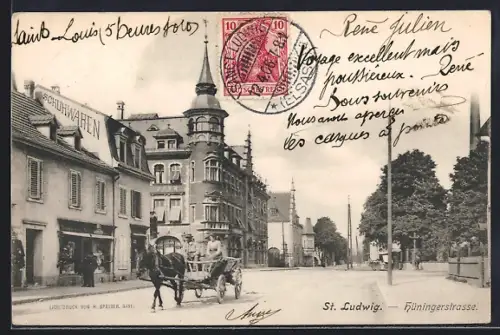 AK St. Ludwig, Hüningerstrasse mit Schuhwaren-Geschäft