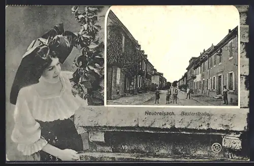 AK Neubrelsach, Baslerstrasse, Passepartout mit Dame in Tracht